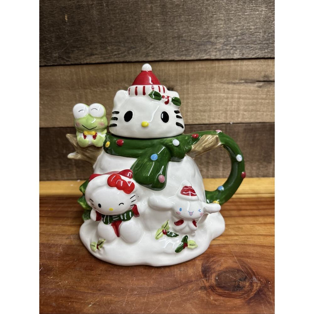 Hello Kitty Snowman Teapot Christmas Holiday Decor Ceramic Blue Sky
